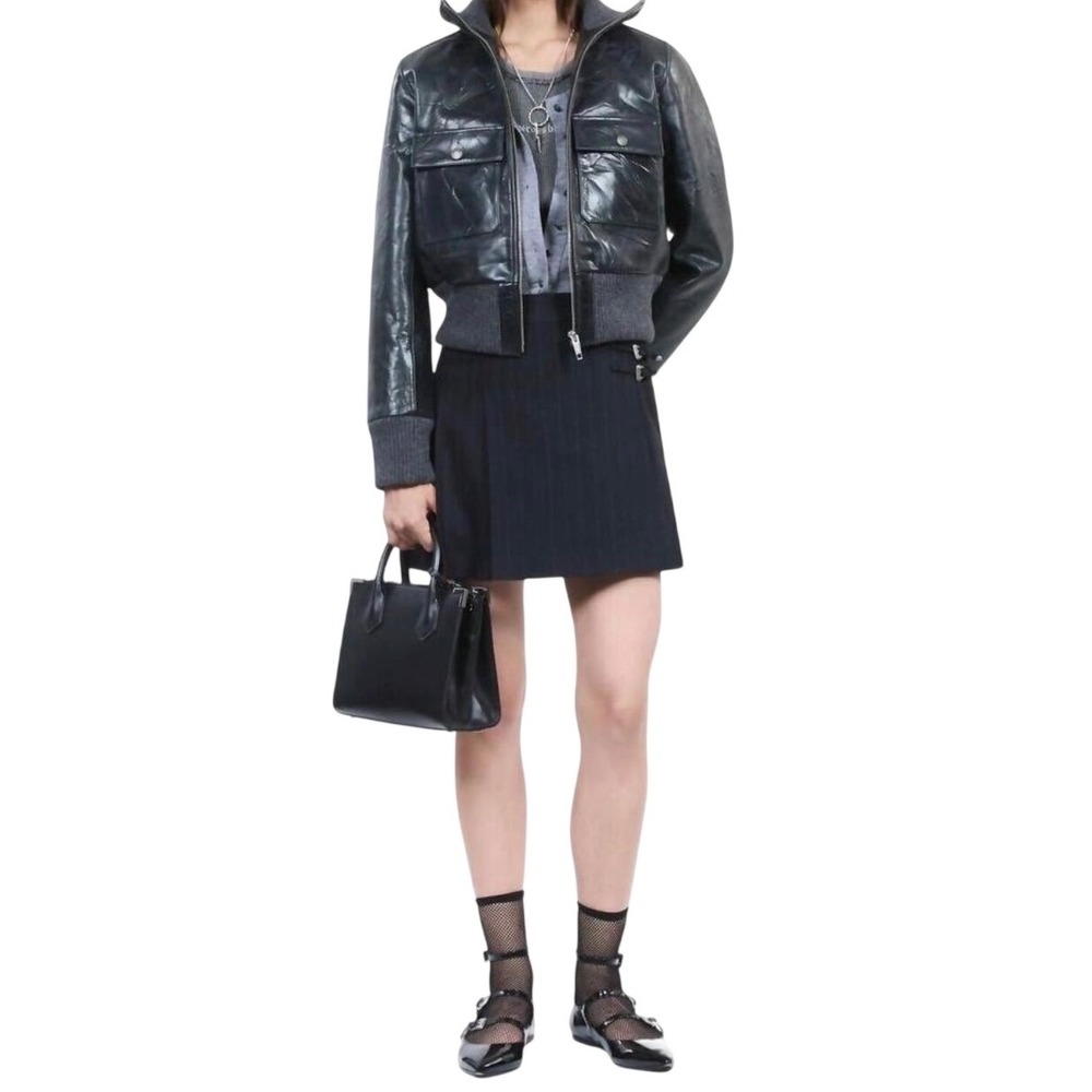 The Kooples Black Distressed Leather‎ Bomber Cropped Jacket Size FR 3 US 8 L - Picture 12 of 13